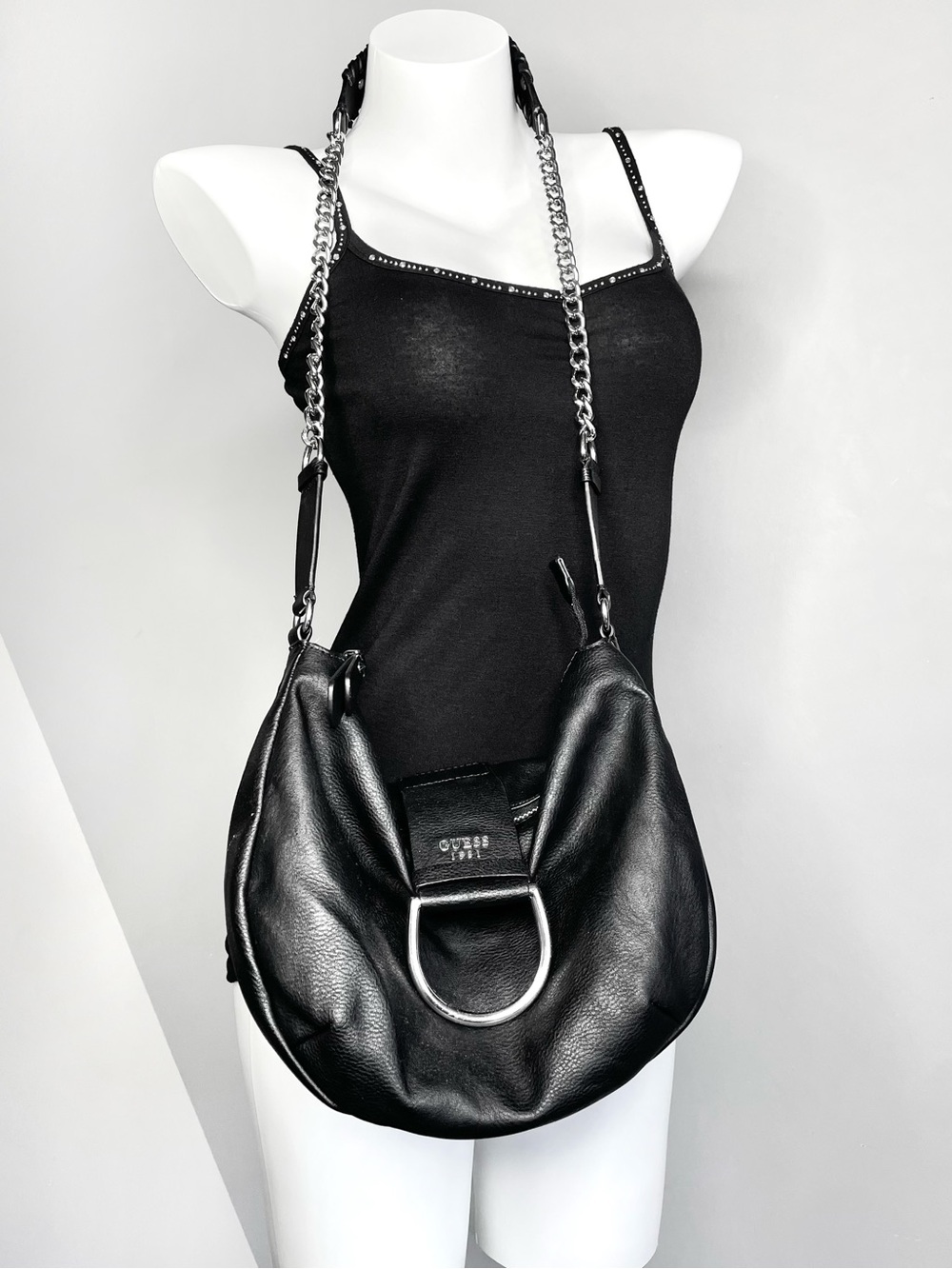 GUESS Y2K Punk Black Studded Shoulder Bag with Silver Chain